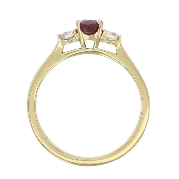 18ct yellow gold round brilliant cut diamond & oval cut ruby trilogy ring designer three stone dress ring handmade by Faller, hand crafted, precious jewellery, jewelry, ladies , woman