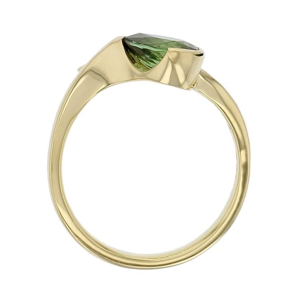 18ct yellow gold green faceted pear cut tourmaline gemstone twist dress ring, designer jewellery, gem, jewelry, handmade by Faller, Londonderry, Northern Ireland, Irish hand crafted