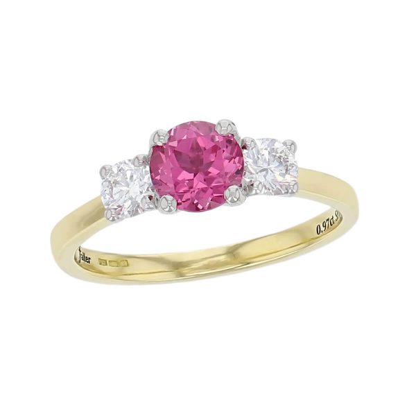 alternative engagement ring, 18ct yellow gold round brilliant cut diamond & round cut pink spinel trilogy ring designer three stone dress ring handmade by Faller, hand crafted, precious jewellery, jewelry, ladies , woman