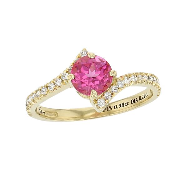 18ct yellow gold ladies round brilliant cut pink spinel & diamond designer multi stone ring designed & hand crafted by Faller of Derry/ Londonderry, twist dress ring, precious gem jewellery, jewelry, shoulder set