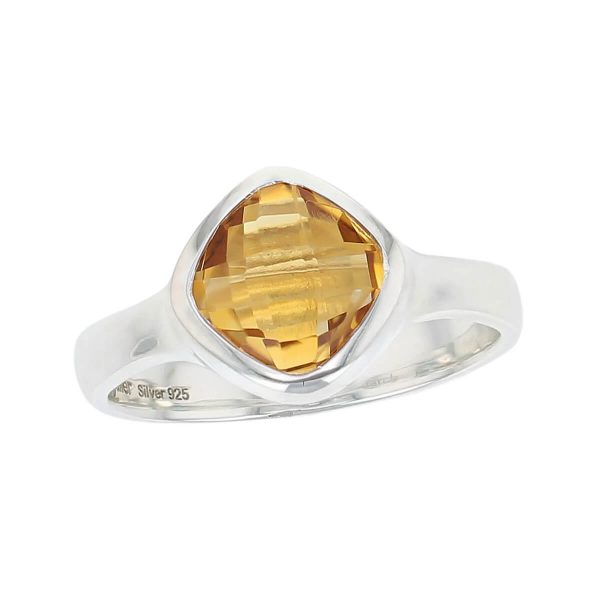 sterling silver yellow faceted cushion cut citrine gemstone dress ring, designer jewellery, quartz gem, jewelry, handmade by Faller, Londonderry, Northern Ireland, Irish hand crafted, darcy, D’arcy, checquerboard