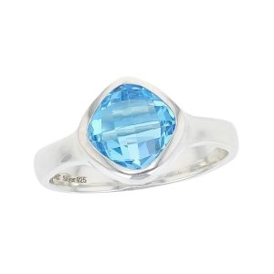 sterling silver blue cushion cushion topaz gemstone dress ring, designer jewellery, gem, jewelry, handmade by Faller, Londonderry, Northern Ireland, Irish hand crafted, darcy, D'arcy, checquerboard