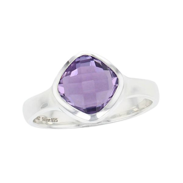 sterling silver purple cushion cut faceted amethyst gemstone dress ring, designer jewellery, quartz gem, jewelry, handmade by Faller, Londonderry, Northern Ireland, Irish hand crafted, darcy, D’arcy, checquerboard