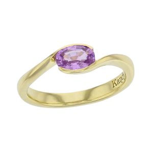 18ct yellow gold purple faceted oval cut sapphire twist gemstone dress ring, designer jewellery, pink gem, jewelry, handmade by Faller, Londonderry, Northern Ireland, Irish hand crafted, Kandy