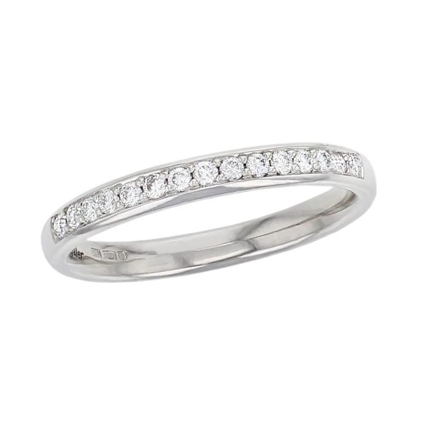diamond wedding ring, platinum band, grain set, eternity ring, by Faller