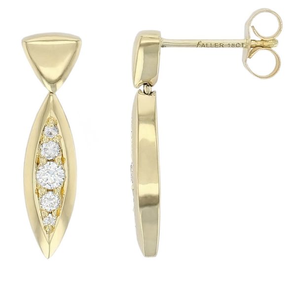 Faller round brilliant cut diamond marquise shape 18ct yellow gold ladies drop earrings, 18kt, designer, handmade by Faller, Derry/ Londonderry, hand crafted, precious jewellery, jewelry