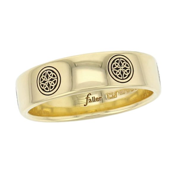 18ct yellow gold west cross, clonca pattern wedding ring, men’s, gents, Irish, celtic plait, interlace, weave, , St. Boden, made by Faller