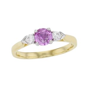 alternative engagement ring, 18ct yellow gold & platinum round brilliant cut diamond & oval cut pink sapphire trilogy ring designer three stone dress ring handmade by Faller, hand crafted, precious jewellery, jewelry, ladies , woman