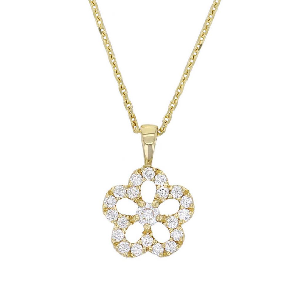 Faller round brilliant cut flower diamond 18ct yellow gold ladies pendant with chain,18kt, designer, handmade by Faller, Derry/ Londonderry, hand crafted, precious jewellery, jewelry