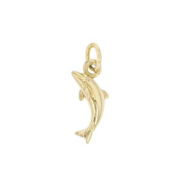 18ct yellow gold dolphin pendant, charm, Brian Boru’s harp, Trinity college, Dublin medieval, Gaelic, Irish charm, Ireland, designer handmade by Faller, hand crafted sea creature