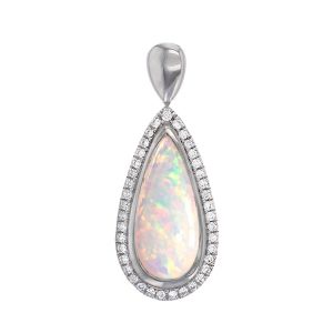 Faller pear cut cabochon opal gemstone & diamond 18ct white gold ladies pendant with chain, 18kt, designer, handmade by Faller, Derry/ Londonderry, hand crafted, precious opal gem jewellery, jewelry