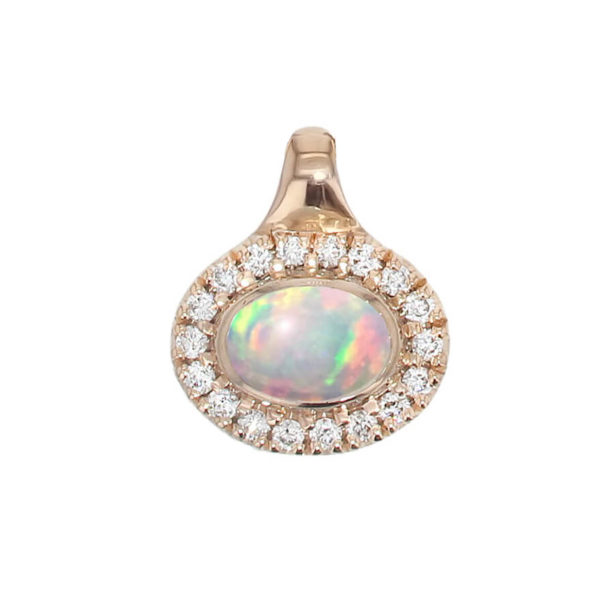 Faller oval cut cabochon opal gemstone & diamond halo 18ct rose gold ladies pendant with chain, 18kt, designer, handmade by Faller, Derry/ Londonderry, hand crafted, precious opal gem jewellery, jewelry