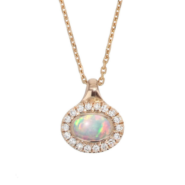 Faller oval cut cabochon opal gemstone & diamond halo 18ct rose gold ladies pendant with chain, 18kt, designer, handmade by Faller, Derry/ Londonderry, hand crafted, precious opal gem jewellery, jewelry