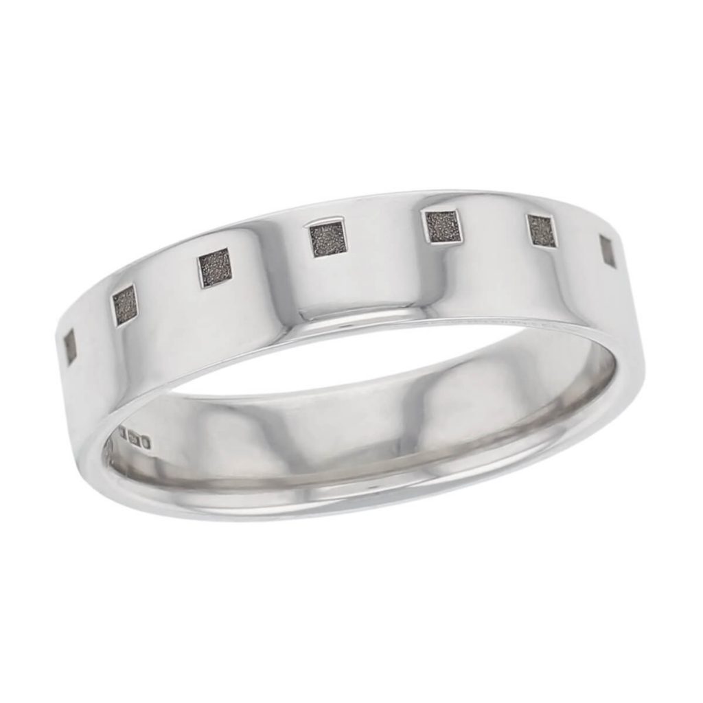 line of squares off centre polished wedding ring pattern, men’s, gentsp, made by Fallerattern