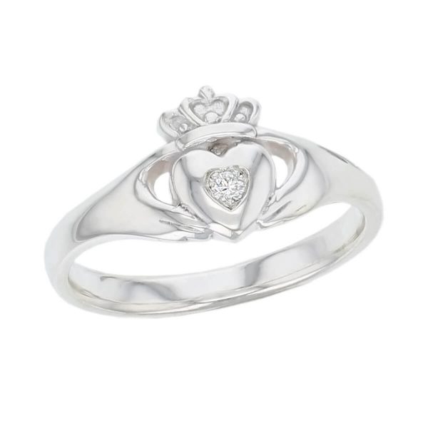 Faller Claddagh, sterling silver, Irish, love, loyalty & friendship, hands, heart & crown, dress ring, ladies, diamond