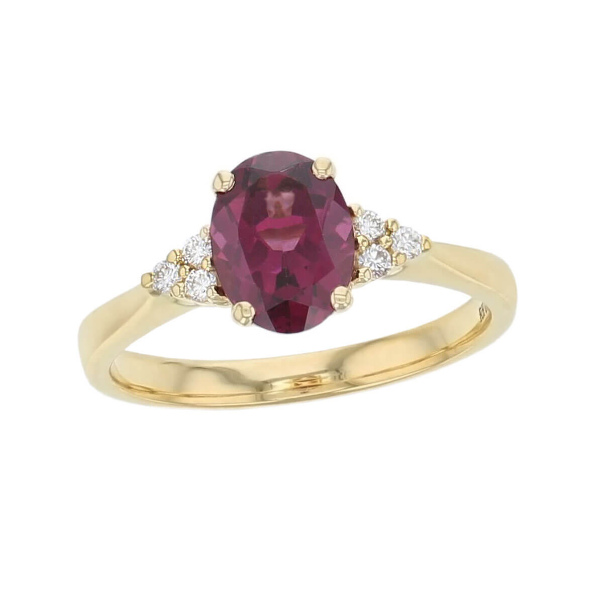 alternative engagement ring, 18ct yellow gold ladies oval cut burgundy rhodolite garnet & diamond designer multi stone engagement ring designed & hand crafted by Faller of Derry/ Londonderry, dress ring, precious gem jewellery, jewelry, shoulder set