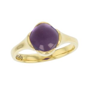 18ct yellow gold purple cushion cut cabochon amethyst gemstone dress ring, designer jewellery, quartz gem, jewelry, handmade by Faller, Londonderry, Northern Ireland, Irish hand crafted, Kandy