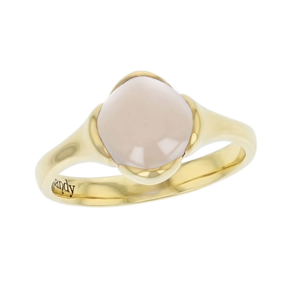 18ct yellow gold pink cushion cut cabochon rose quartz gemstone dress ring, designer jewellery, gem, jewelry, handmade by Faller, Londonderry, Northern Ireland, Irish hand crafted, Kandy