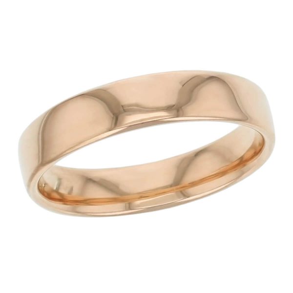 5mm wide, 18ct rose gold, men’s wedding ring, gents, bridal, plain, personalised engraving, curved profile, comfort fit, add pattern, marraige ring, precious jewellery by Faller of Derry/ Londonderry, jewelry