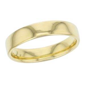 5mm wide, 18ct yellow gold, men’s wedding ring, gents, bridal, plain, personalised engraving, curved profile, comfort fit, add pattern, marraige ring, precious jewellery by Faller of Derry/ Londonderry, jewelry