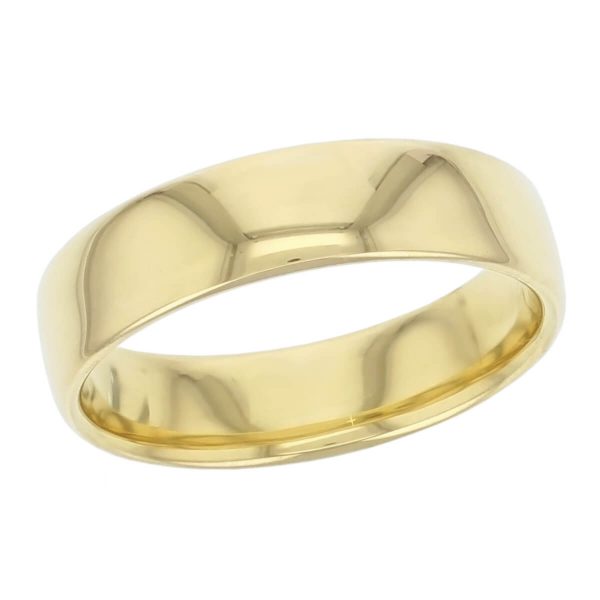 6mm wide, 18ct yellow gold, men’s wedding ring, gents, bridal, plain, personalised engraving, curved profile, comfort fit, add pattern, marraige ring, precious jewellery by Faller of Derry/ Londonderry, jewelry