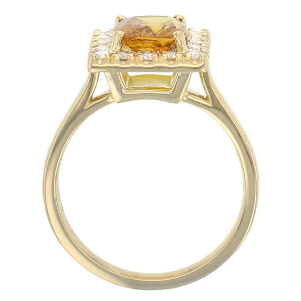 18ct yellow gold ladies cushion cut yellow sapphire & diamond designer cluster engagement ring designed & hand crafted by Faller of Derry/ Londonderry, halo dress ring, cocktail ring, precious gem jewellery, jewelry