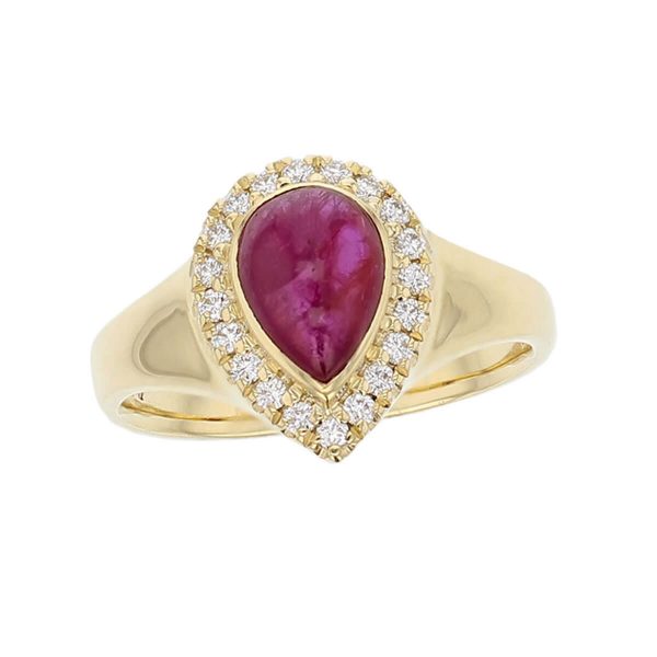 18ct yellow gold ladies pear cut cabochon ruby & diamond designer cluster ring designed & hand crafted by Faller of Derry/ Londonderry, halo dress ring, precious red gem jewellery, jewelry, cabouchon
