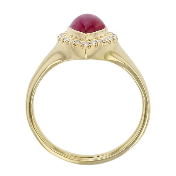 18ct yellow gold ladies pear cut cabochon ruby & diamond designer cluster ring designed & hand crafted by Faller of Derry/ Londonderry, halo dress ring, precious red gem jewellery, jewelry, cabouchon