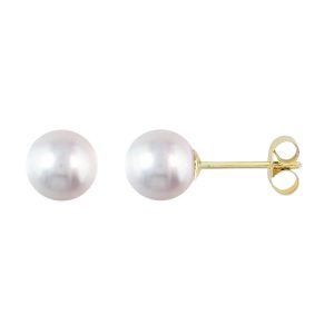 7.5-8mm pink white Acoya pearls 18ct yellow gold ladies stud earrings. 18kt, designer, handmade by Faller, hand crafted, precious saltwater pearl jewellery, jewelry, hand crafted