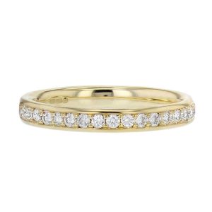 2.5mm wide 18ct yellow gold ladies round brilliant diamond set wedding ring, woman’s bridal, diamond grain set eternity ring, personalised engraving, court profile, comfort fit, precious jewellery by Faller of Derry/ Londonderry, jewelry,