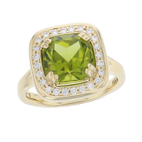 alternative engagement ring, 18ct yellow gold ladies green peridot & diamond designer ring designed & hand crafted by Faller of Derry/ Londonderry, opulent, lavish dress ring, cocktail ring, precious jewellery, jewelry