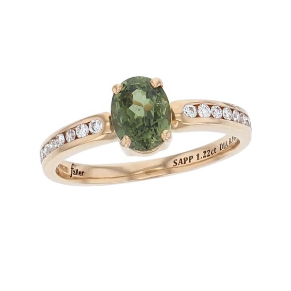 18ct rose gold ladies oval cut green tourmaline & diamond designer multi stone dress ring designed & hand crafted by Faller of Derry/ Londonderry, vintage ring, precious green gem jewellery, jewelry, shoulder set