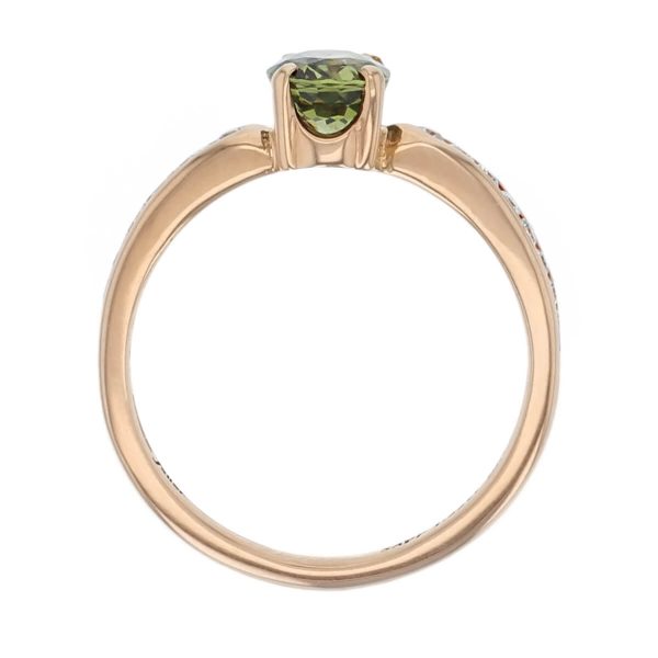 18ct rose gold ladies oval cut green tourmaline & diamond designer multi stone dress ring designed & hand crafted by Faller of Derry/ Londonderry, vintage ring, precious green gem jewellery, jewelry, shoulder set