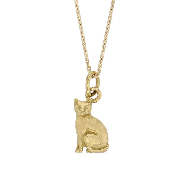 18ct yellow gold cat pendant, charm, patience, curiosity, independence, cleverness, 9 lives, lucky, designer handmade by Faller, Derry/ Londonderry, Irish hand crafted