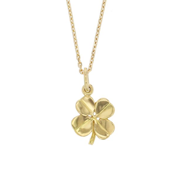 18ct yellow gold four leaf clover pendant, symbol of luck, faith, hope and love, charm, Ireland, designer handmade by Faller, Derry/ Londonderry, Irish hand crafted