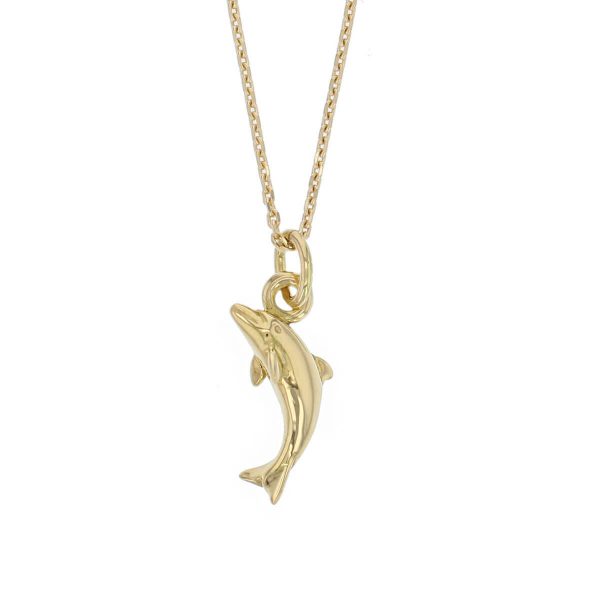 18ct yellow gold dolphin pendant, charm, Brian Boru’s harp, Trinity college, Dublin medieval, Gaelic, Irish charm, Ireland, designer handmade by Faller, hand crafted sea creature