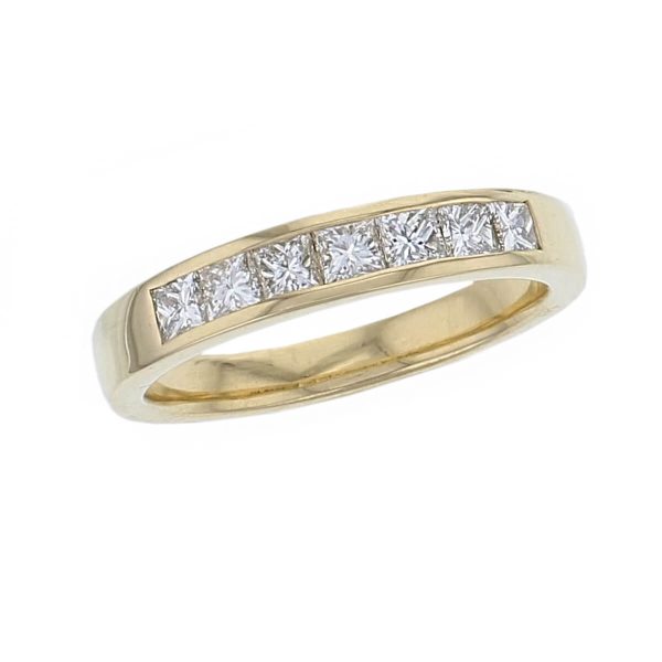 3.8mm wide 18ct yellow gold ladies princess cut diamond eternity ring, personalised engraving, court profile, comfort fit, precious jewellery by Faller of Derry/ Londonderry, jewelry, channel set, 18kt, tapered