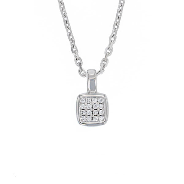 Faller diamond cushion shape 18ct white gold ladies pendant with chain, 18kt, designer, handmade by Faller, Derry/ Londonderry, hand crafted, precious jewellery, jewelry