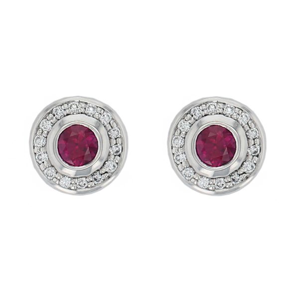 Faller ruby & diamond halo studs, 18ct white gold ladies earrings, wedding anniversary, 18kt, designer, handmade by Faller, Derry/ Londonderry, hand crafted, precious red gem jewellery, jewelry