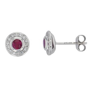 Faller ruby & diamond halo studs, 18ct white gold ladies earrings, wedding anniversary, 18kt, designer, handmade by Faller, Derry/ Londonderry, hand crafted, precious red gem jewellery, jewelry