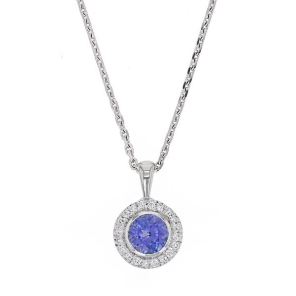 Faller round cut blue, purple tanzanite gemstone & diamond halo 18ct white gold ladies pendant with chain, 18kt, designer, handmade by Faller, Derry/ Londonderry, hand crafted, precious jewellery, jewelry