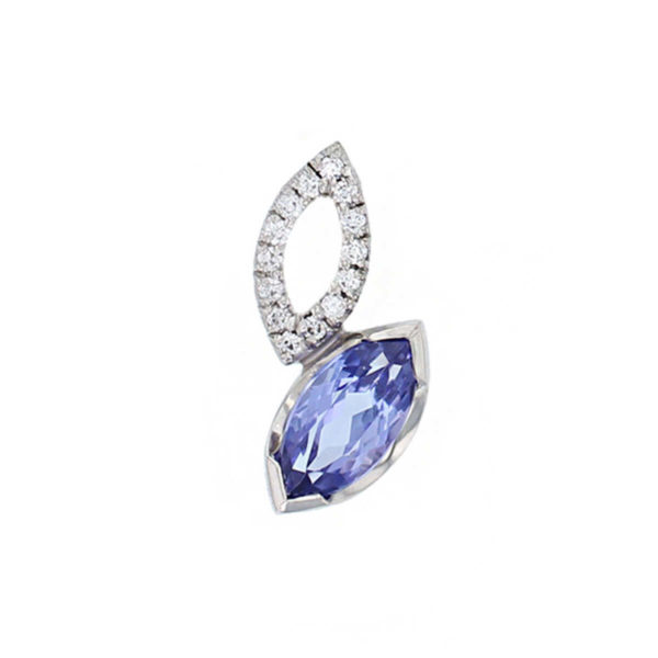 Faller marquise cut blue, purple tanzanite gemstone & diamond halo 18ct white gold ladies pendant with chain, 18kt, designer, handmade by Faller, Derry/ Londonderry, hand crafted, precious jewellery, jewelry, navette