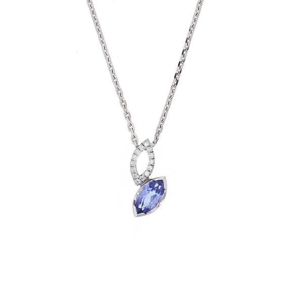 Faller marquise cut blue, purple tanzanite gemstone & diamond halo 18ct white gold ladies pendant with chain, 18kt, designer, handmade by Faller, Derry/ Londonderry, hand crafted, precious jewellery, jewelry, navette