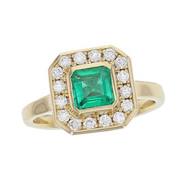 alternative engagement ring, 18ct yellow gold ladies octagon cut emerald & diamond designer halo engagement ring designed & hand crafted by Faller of Derry/ Londonderry, halo dress ring, precious green gem jewellery, art deco style jewelry