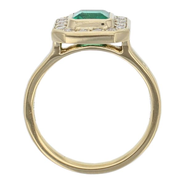 18ct yellow gold ladies octagon cut emerald & diamond designer halo engagement ring designed & hand crafted by Faller of Derry/ Londonderry, halo dress ring, precious green gem jewellery, art deco style jewelry