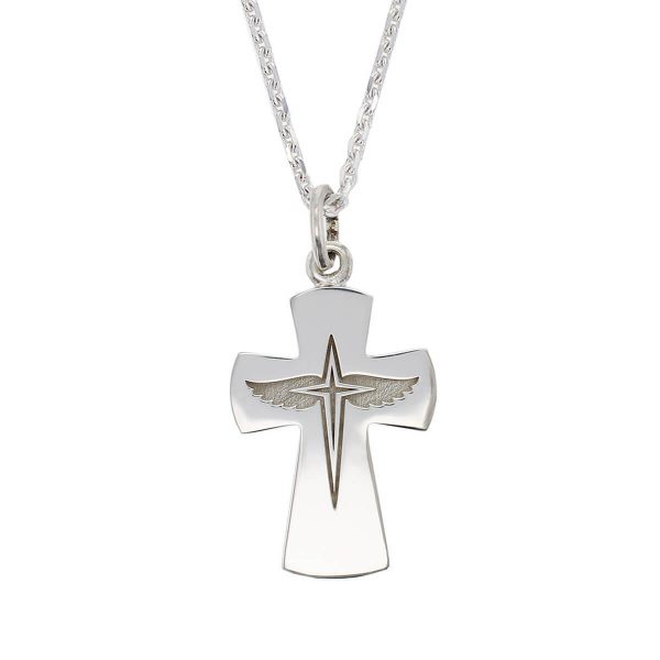 winged star cross pendant, sterling silver cross pendant, Christian, religious, faith, angel, guardian angel, spiritual pendant