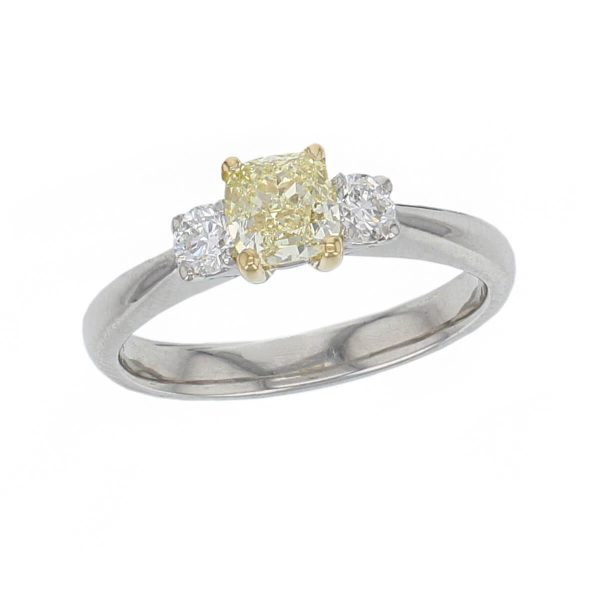 cushion cut yellow diamond trilogy engagement ring, platinum, designer, handmade by Faller, hand crafted, betrothal, promise, precious jewellery, jewelry, GIA certified, hand crafted, G.I.A. GIA, three stone