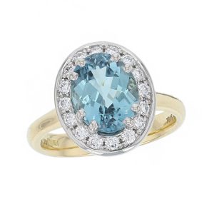 alternative engagement ring, 18ct yellow gold & platinum ladies oval cut blue tourmaline & diamond designer cluster engagement ring designed & hand crafted by Faller of Derry/ Londonderry, halo dress ring, precious gem jewellery, jewelry