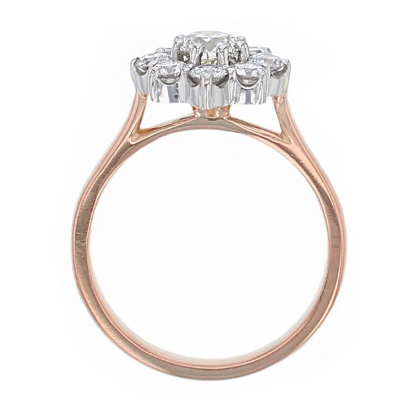 round brilliant cut diamond cluster engagement ring, 18ct rose gold, platinum, designer, handmade by Faller, hand crafted, betrothal, promise, precious jewellery, jewelry, hand crafted dress ring