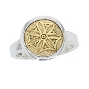Marigold, pillar stone, Carndonagh, Inishowen, Co. Donegal, celtic, ancient, monastery, St, Patrick, ladies, heritage, historical, intricate carving, Christian pilgrimage, medieval, St. Columba, sterling silver & 18ct yellow gold, ladies ring, silver ring